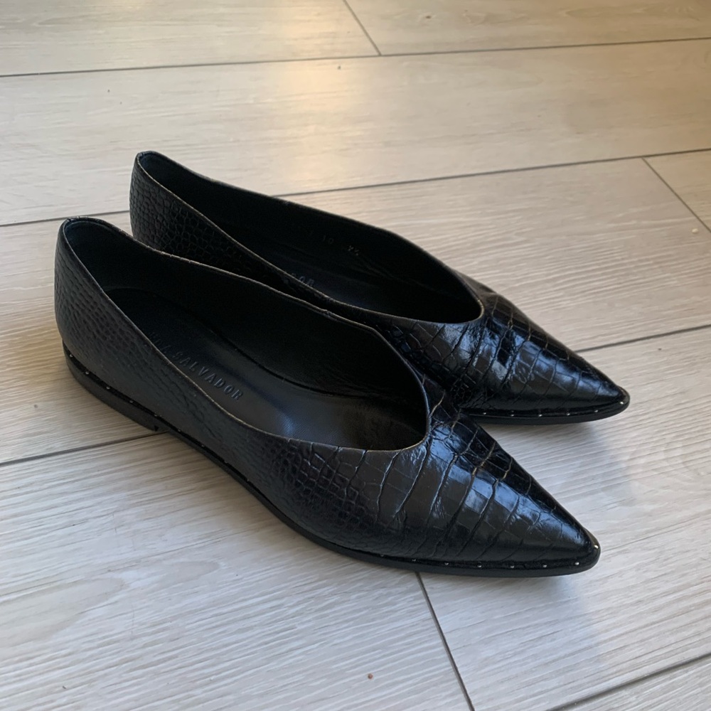 Freda Salvador Black Croc-Embossed Flats